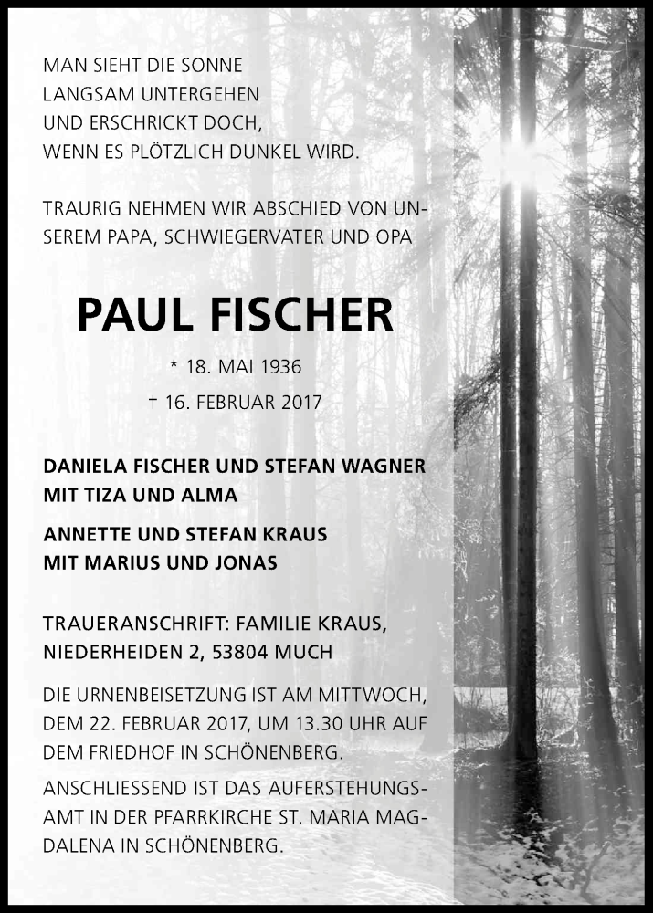  Traueranzeige für Paul Fischer vom 20.02.2017 aus Kölner Stadt-Anzeiger / Kölnische Rundschau / Express