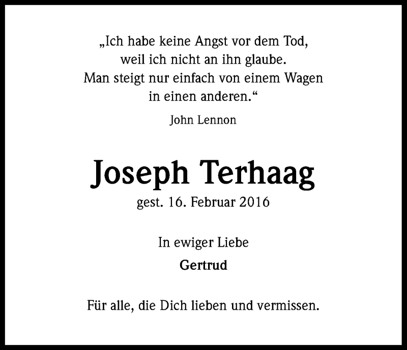  Traueranzeige für Joseph Terhaag vom 16.02.2017 aus Kölner Stadt-Anzeiger / Kölnische Rundschau / Express