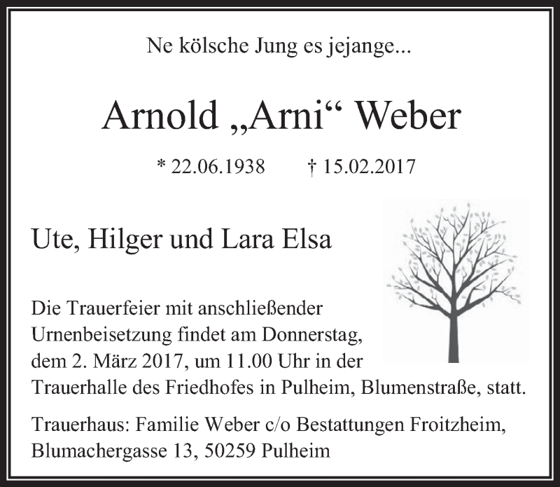  Traueranzeige für Arnold  Weber vom 22.02.2017 aus  Wochenende 