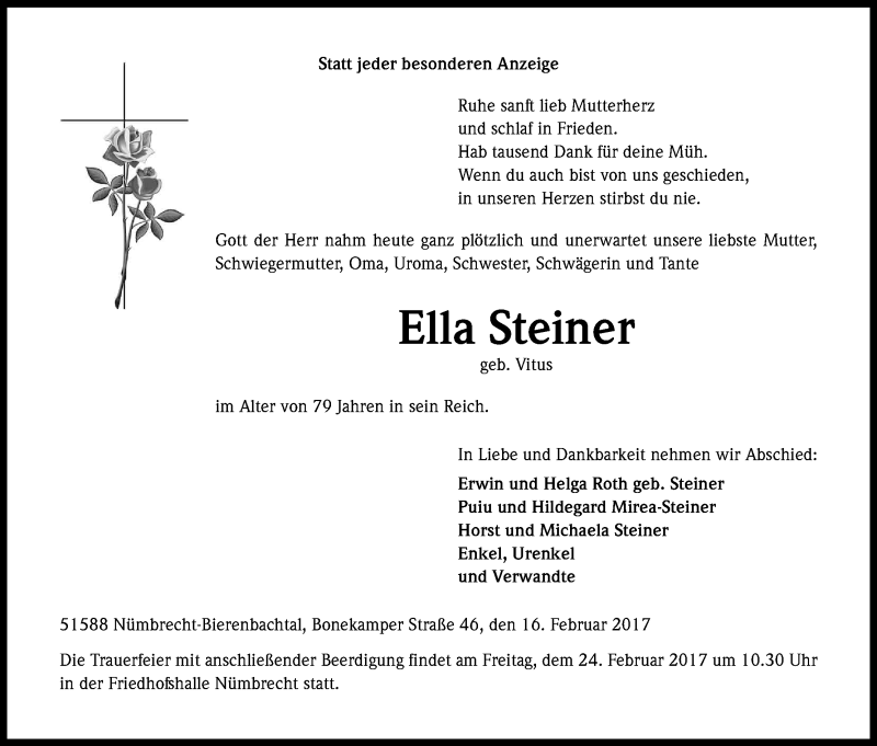  Traueranzeige für Ella Steiner vom 21.02.2017 aus Kölner Stadt-Anzeiger / Kölnische Rundschau / Express