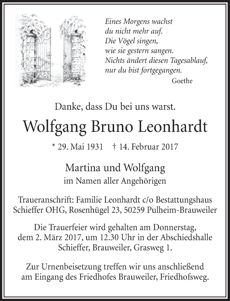  Traueranzeige für Wolfgang Bruno Leonhardt vom 18.02.2017 aus  Sonntags-Post 