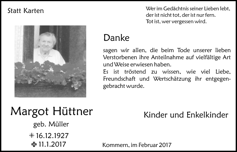  Traueranzeige für MArgot Hüttner vom 04.02.2017 aus  Blickpunkt Euskirchen 