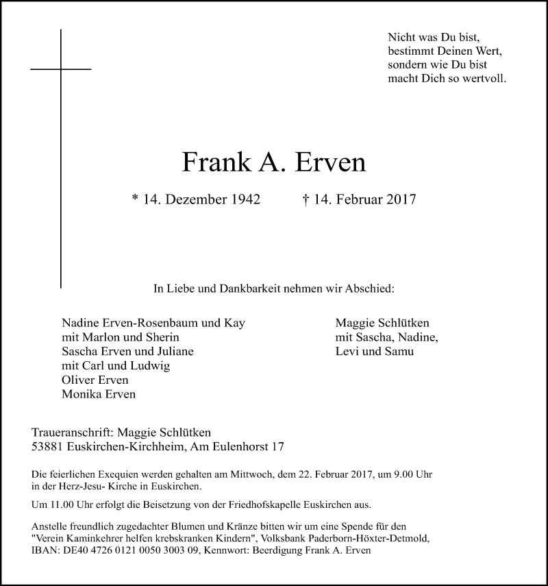  Traueranzeige für Frank A. Erven vom 18.02.2017 aus  Blickpunkt Euskirchen 