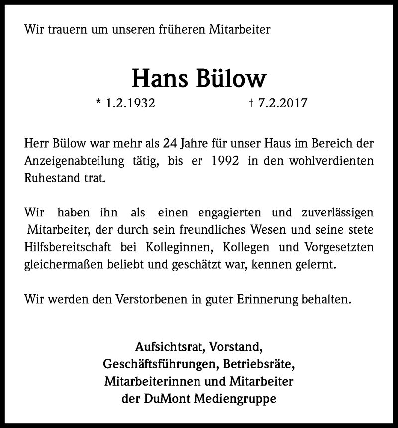  Traueranzeige für Hans Bülow vom 11.02.2017 aus Kölner Stadt-Anzeiger / Kölnische Rundschau / Express
