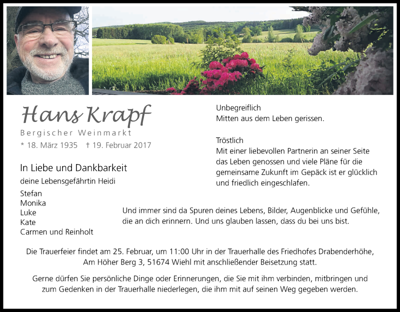  Traueranzeige für Hans Krapf vom 23.02.2017 aus Kölner Stadt-Anzeiger / Kölnische Rundschau / Express