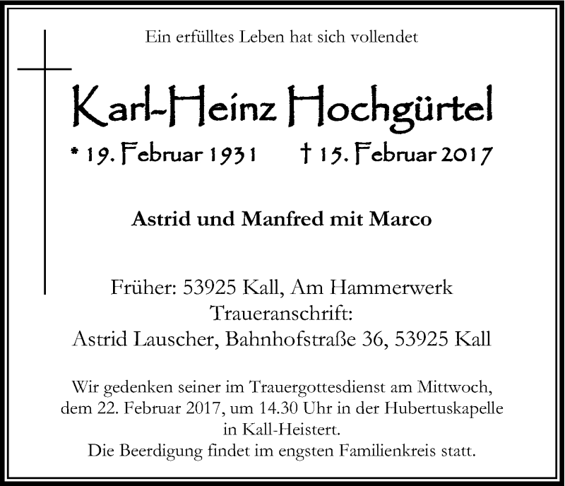  Traueranzeige für Karl-Heinz Hochgürtel vom 18.02.2017 aus Kölner Stadt-Anzeiger / Kölnische Rundschau / Express