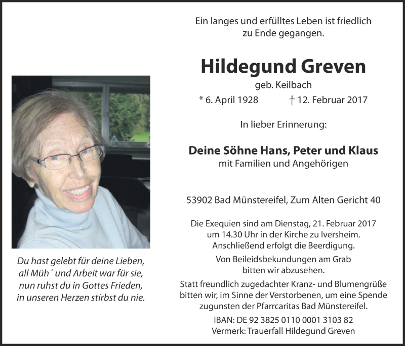  Traueranzeige für Hildegund Greven vom 18.02.2017 aus  Blickpunkt Euskirchen 