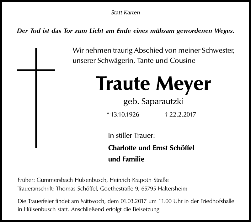  Traueranzeige für Traute Meyer vom 25.02.2017 aus Kölner Stadt-Anzeiger / Kölnische Rundschau / Express