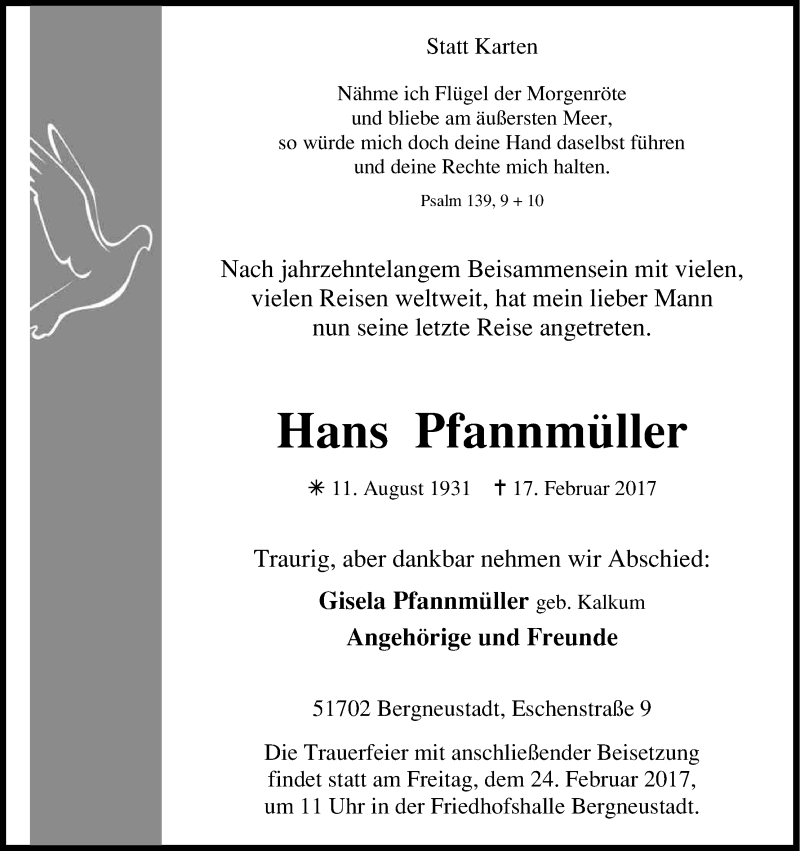  Traueranzeige für Hans Pfannmüller vom 21.02.2017 aus Kölner Stadt-Anzeiger / Kölnische Rundschau / Express