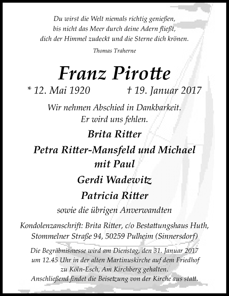  Traueranzeige für Franz Pirotte vom 08.02.2017 aus Kölner Stadt-Anzeiger / Kölnische Rundschau / Express