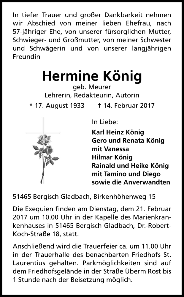  Traueranzeige für Hermine König vom 18.02.2017 aus Kölner Stadt-Anzeiger / Kölnische Rundschau / Express