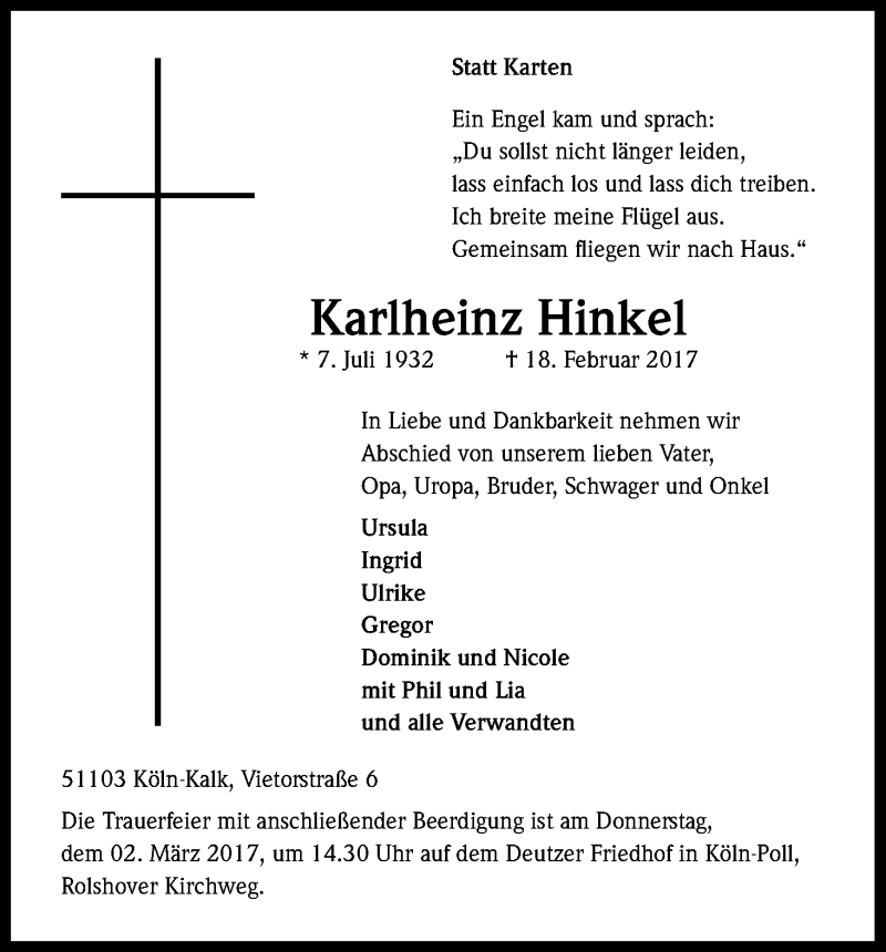 Traueranzeige für Karlheinz Hinkel vom 27.02.2017 aus Kölner Stadt-Anzeiger / Kölnische Rundschau / Express