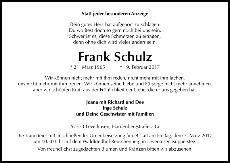  Traueranzeige für Frank Schulz vom 25.02.2017 aus Kölner Stadt-Anzeiger / Kölnische Rundschau / Express