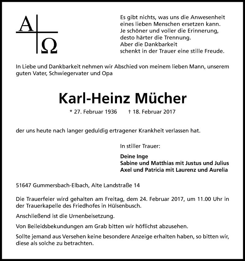  Traueranzeige für Karl-Heinz Mücher vom 21.02.2017 aus Kölner Stadt-Anzeiger / Kölnische Rundschau / Express