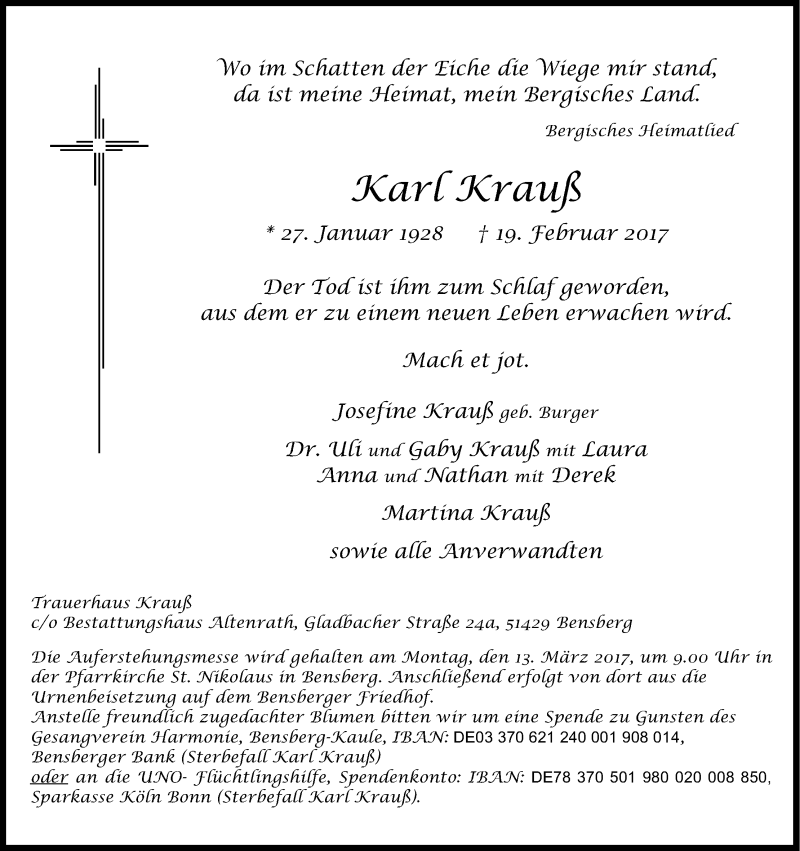  Traueranzeige für Karl Krauß vom 25.02.2017 aus Kölner Stadt-Anzeiger / Kölnische Rundschau / Express