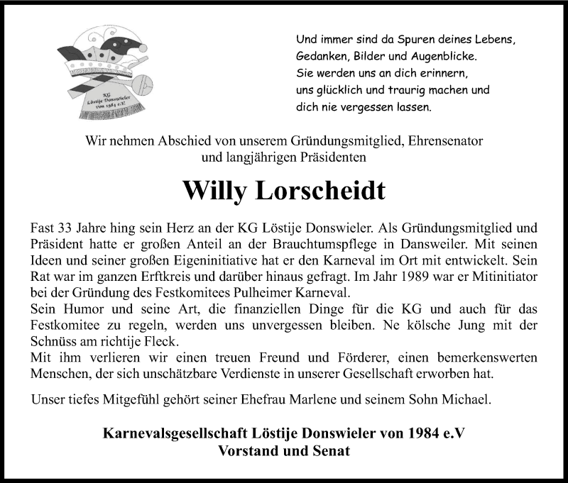  Traueranzeige für Willy Lorscheidt vom 18.02.2017 aus Kölner Stadt-Anzeiger / Kölnische Rundschau / Express