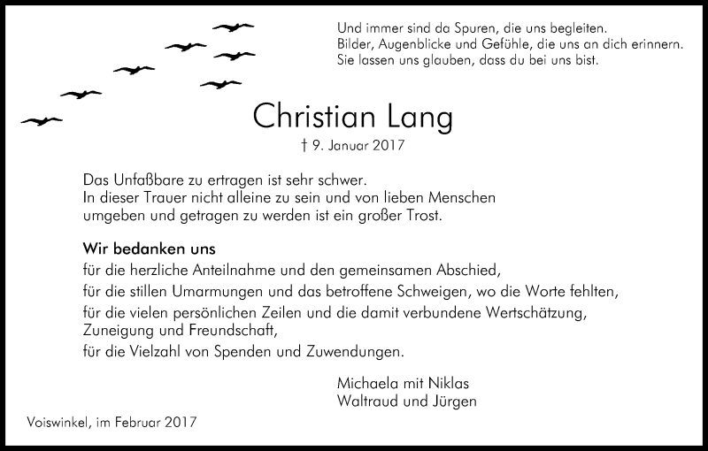  Traueranzeige für Christian Lang vom 25.02.2017 aus Kölner Stadt-Anzeiger / Kölnische Rundschau / Express