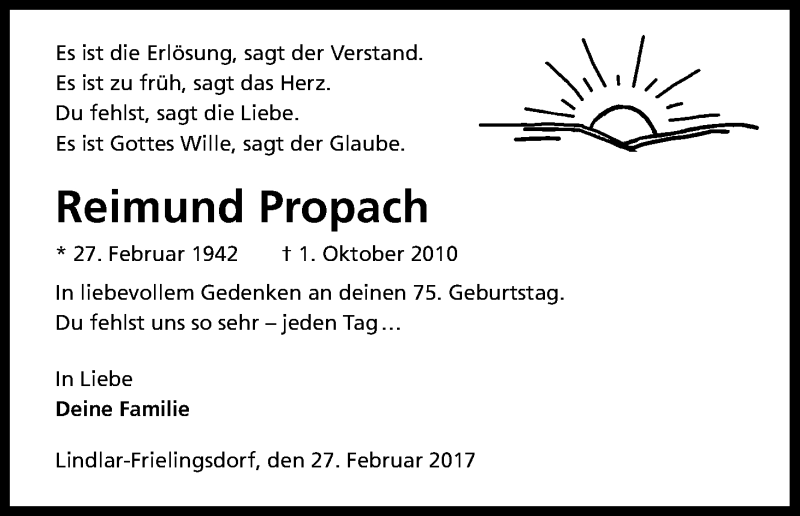  Traueranzeige für Reimund Probach vom 27.02.2017 aus Kölner Stadt-Anzeiger / Kölnische Rundschau / Express