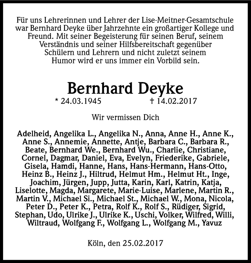  Traueranzeige für Bernhard Deyke vom 25.02.2017 aus Kölner Stadt-Anzeiger / Kölnische Rundschau / Express