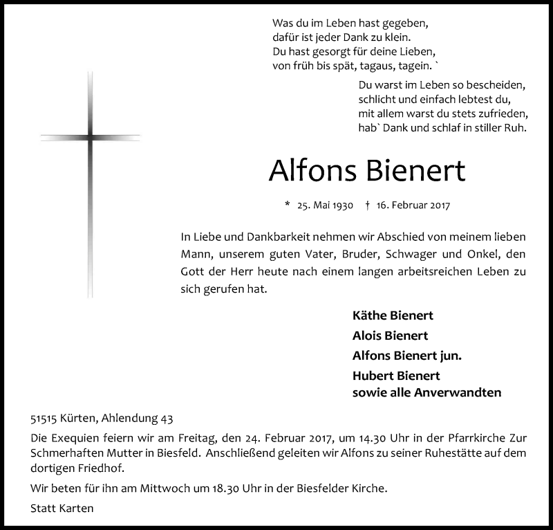  Traueranzeige für Alfons Bienert vom 20.02.2017 aus Kölner Stadt-Anzeiger / Kölnische Rundschau / Express