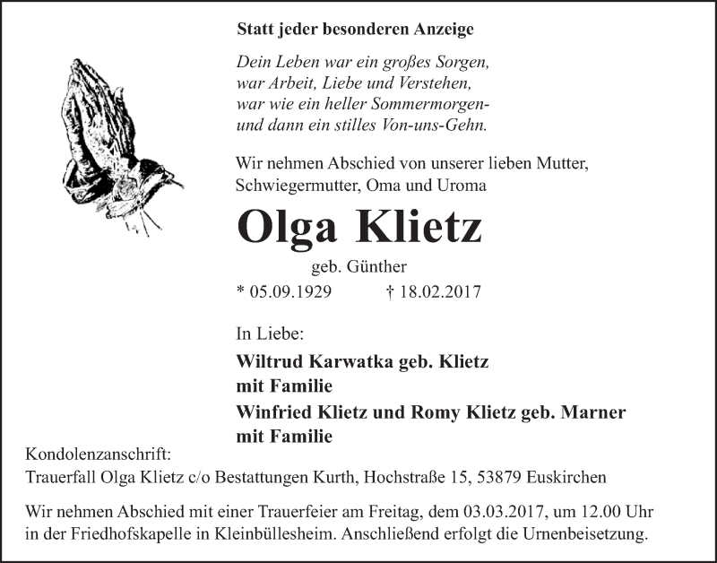  Traueranzeige für Olga Klietz vom 25.02.2017 aus  Blickpunkt Euskirchen 