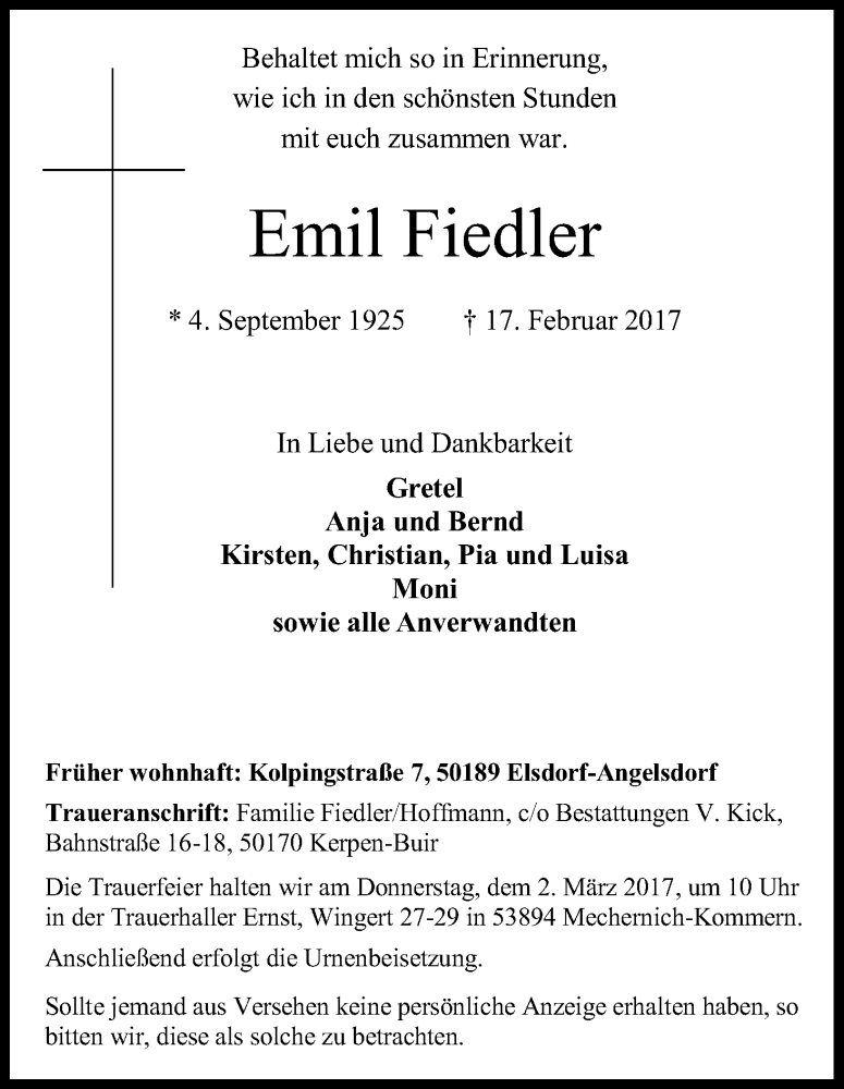  Traueranzeige für Emil Fiedler vom 27.02.2017 aus Kölner Stadt-Anzeiger / Kölnische Rundschau / Express