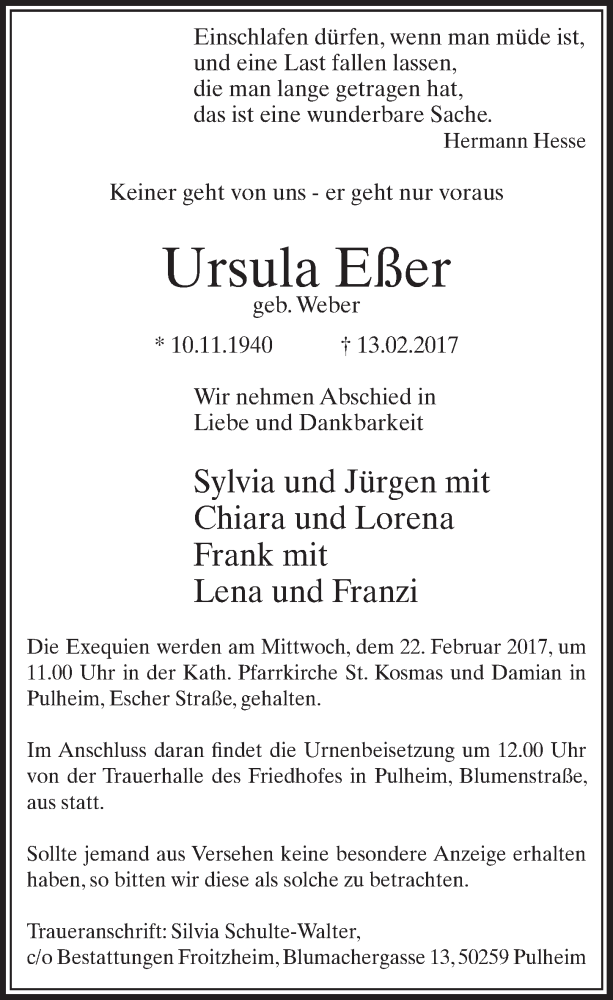  Traueranzeige für Ursula Eßer vom 18.02.2017 aus  Sonntags-Post 