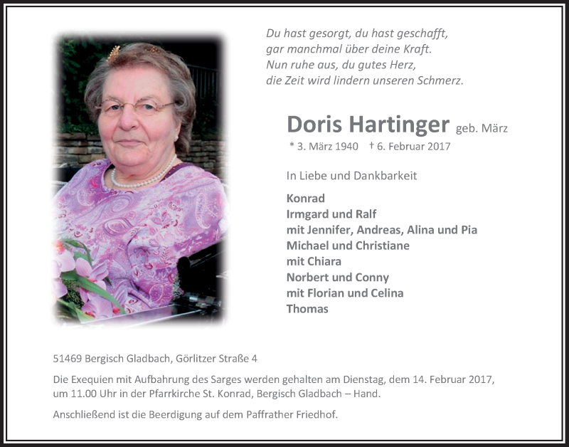  Traueranzeige für Doris Hartinger vom 11.02.2017 aus  Bergisches Sonntagsblatt 