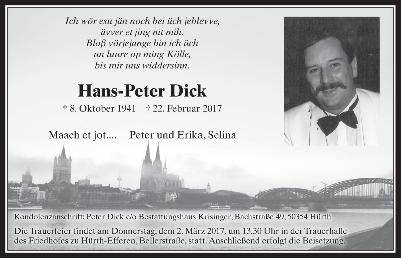  Traueranzeige für Hans-Peter Dick vom 25.02.2017 aus  Sonntags-Post 