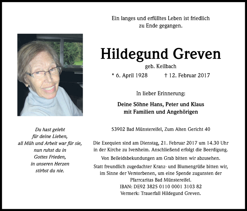  Traueranzeige für Hildegund Greven vom 18.02.2017 aus Kölner Stadt-Anzeiger / Kölnische Rundschau / Express
