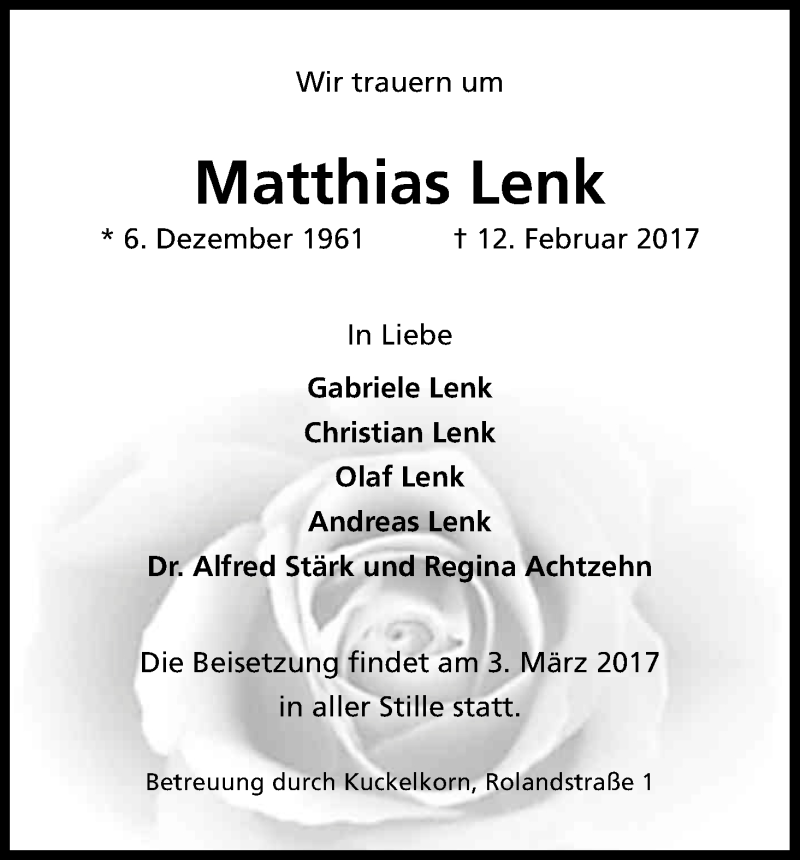  Traueranzeige für Matthias Lenk vom 27.02.2017 aus Kölner Stadt-Anzeiger / Kölnische Rundschau / Express