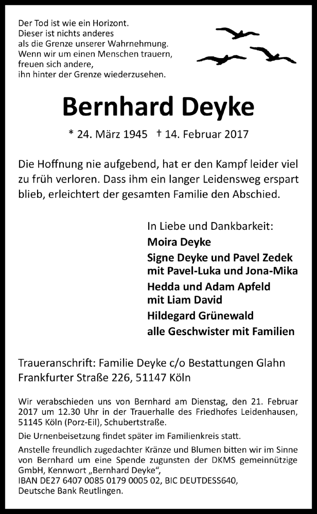  Traueranzeige für Bernhard Deyke vom 18.02.2017 aus 