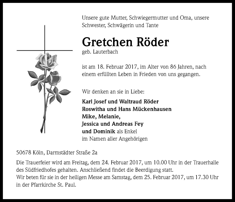  Traueranzeige für Gretchen Röder vom 22.02.2017 aus Kölner Stadt-Anzeiger / Kölnische Rundschau / Express