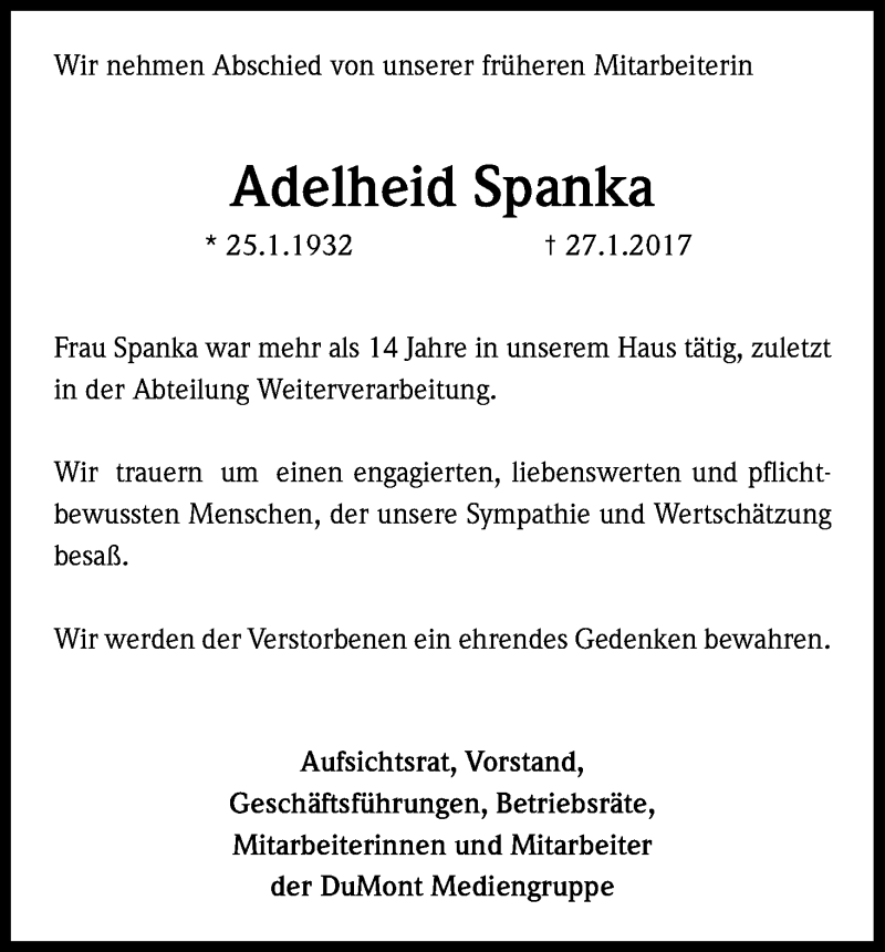  Traueranzeige für Adelheid Spanka vom 11.02.2017 aus Kölner Stadt-Anzeiger / Kölnische Rundschau / Express