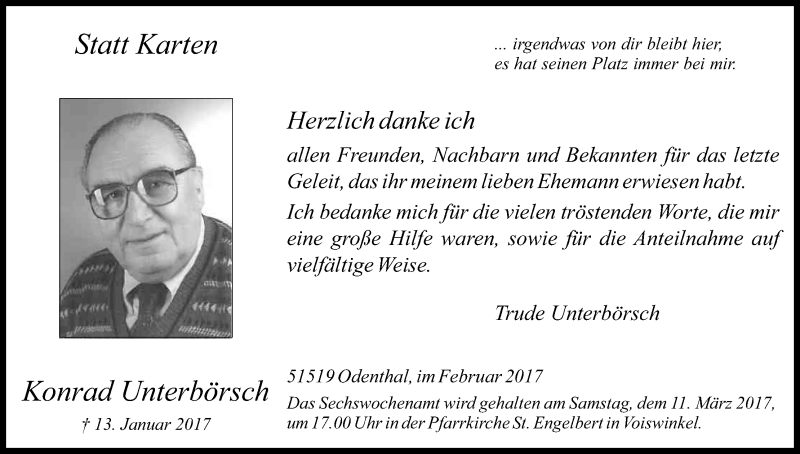 Traueranzeige für Konrad Unterbörsch vom 04.02.2017 aus Kölner Stadt-Anzeiger / Kölnische Rundschau / Express