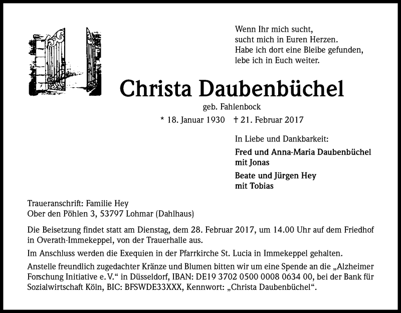 Traueranzeige für Christa Daubenbüchel vom 25.02.2017 aus Kölner Stadt-Anzeiger / Kölnische Rundschau / Express