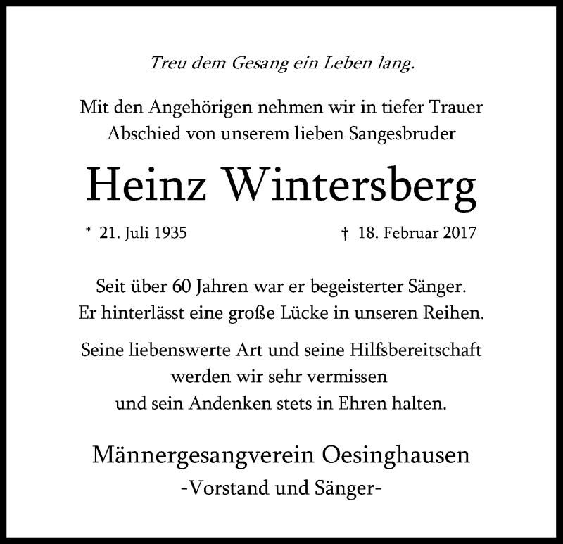  Traueranzeige für Heinz Wintersberg vom 25.02.2017 aus Kölner Stadt-Anzeiger / Kölnische Rundschau / Express