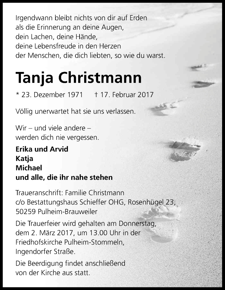  Traueranzeige für Tanja Christmann vom 25.02.2017 aus Kölner Stadt-Anzeiger / Kölnische Rundschau / Express