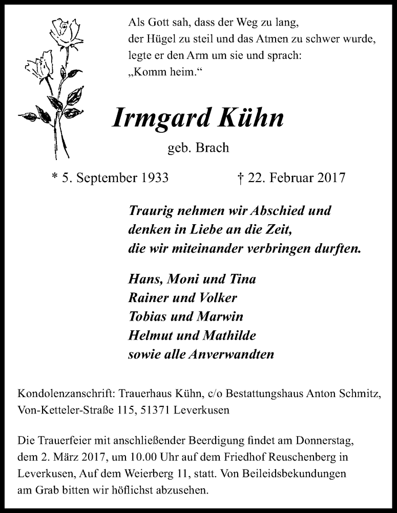  Traueranzeige für Irmgard Kühn vom 25.02.2017 aus Kölner Stadt-Anzeiger / Kölnische Rundschau / Express
