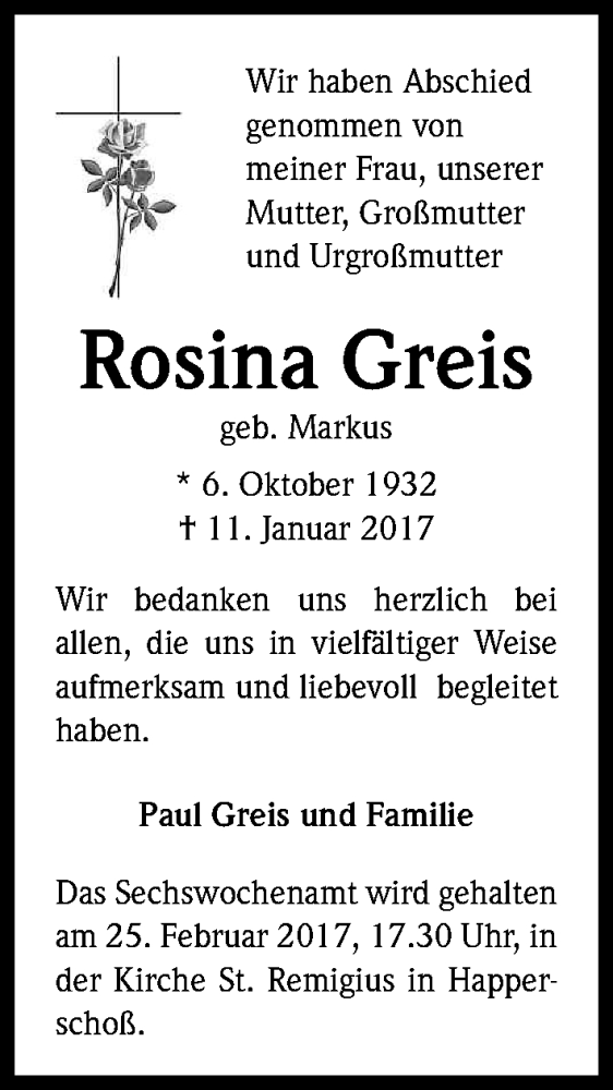  Traueranzeige für Rosina Greis vom 18.02.2017 aus Kölner Stadt-Anzeiger / Kölnische Rundschau / Express