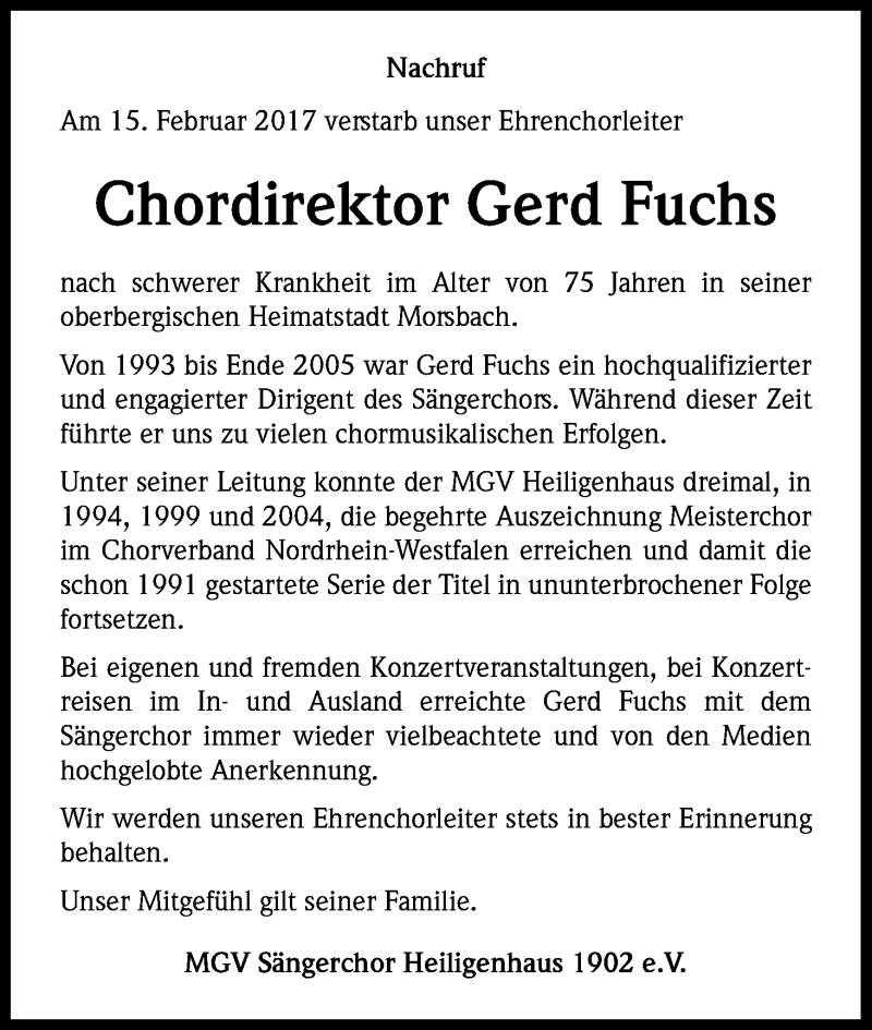  Traueranzeige für Gerd Fuchs vom 25.02.2017 aus Kölner Stadt-Anzeiger / Kölnische Rundschau / Express