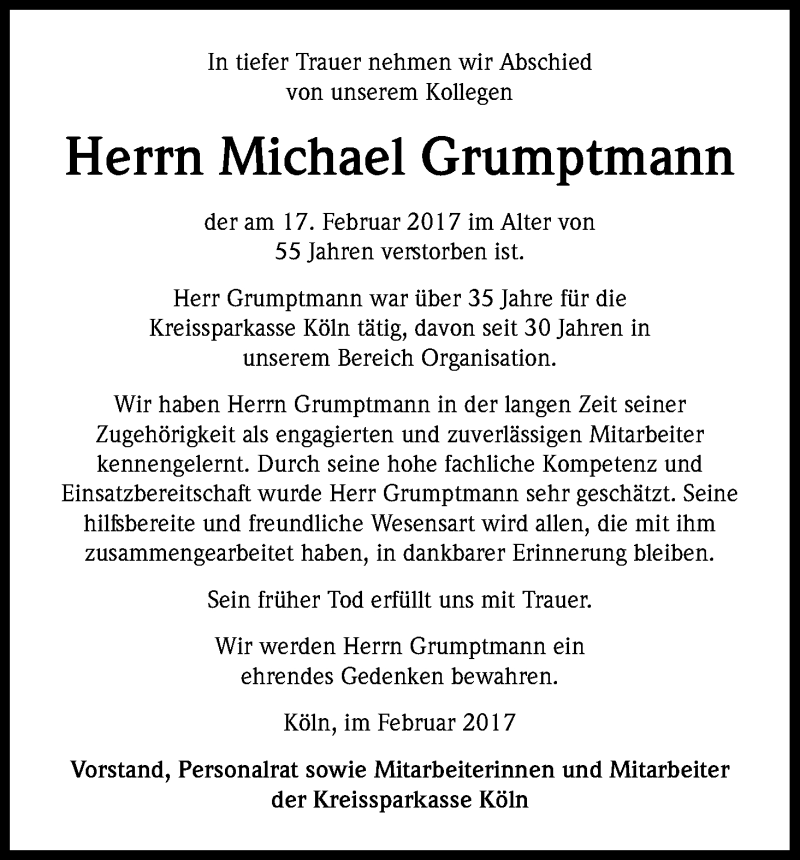  Traueranzeige für Michael Grumptmann vom 21.02.2017 aus Kölner Stadt-Anzeiger / Kölnische Rundschau / Express