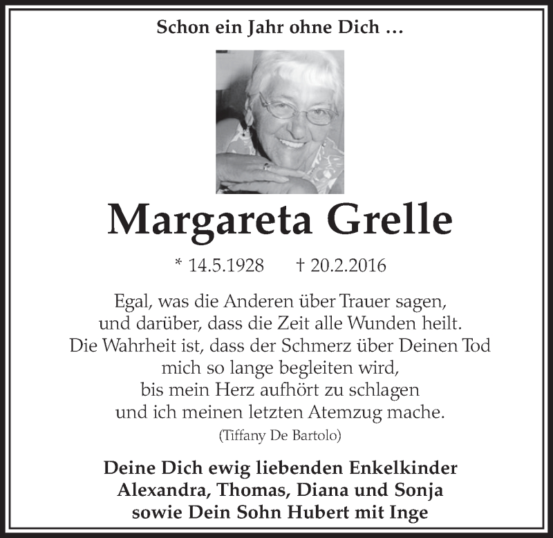  Traueranzeige für Margareta Grelle vom 22.02.2017 aus  Schlossbote/Werbekurier 
