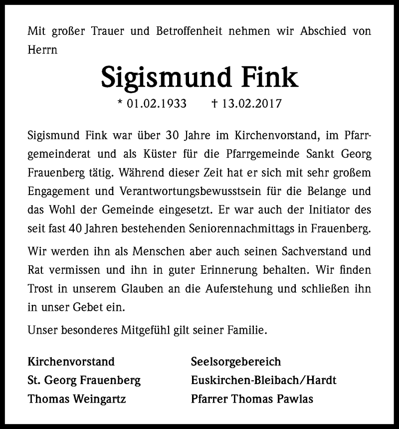  Traueranzeige für Sigismund Fink vom 20.02.2017 aus Kölner Stadt-Anzeiger / Kölnische Rundschau / Express