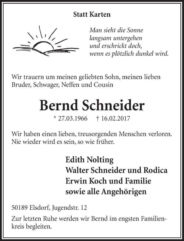  Traueranzeige für Bernd Schneider vom 25.02.2017 aus  Sonntags-Post 