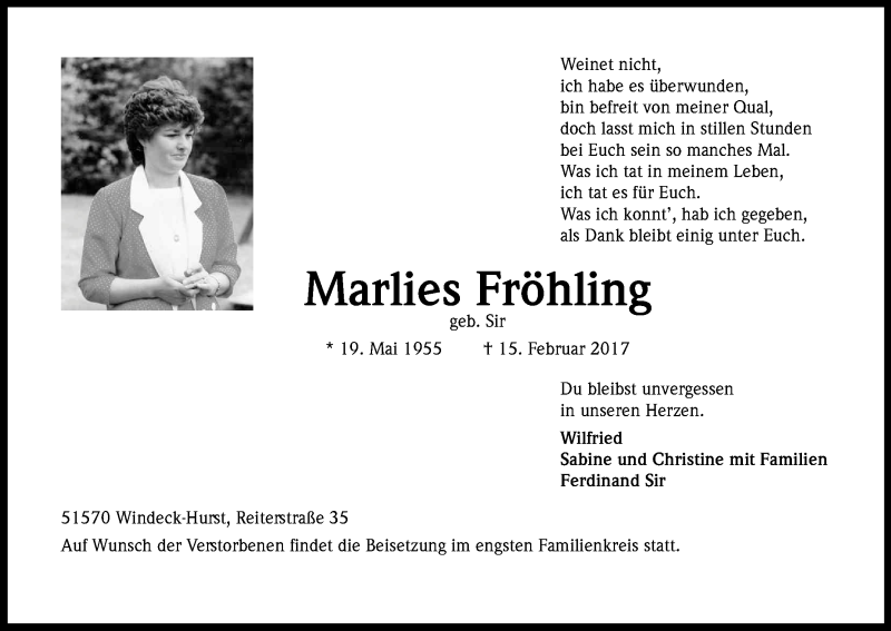  Traueranzeige für Marlies Fröhling vom 18.02.2017 aus Kölner Stadt-Anzeiger / Kölnische Rundschau / Express