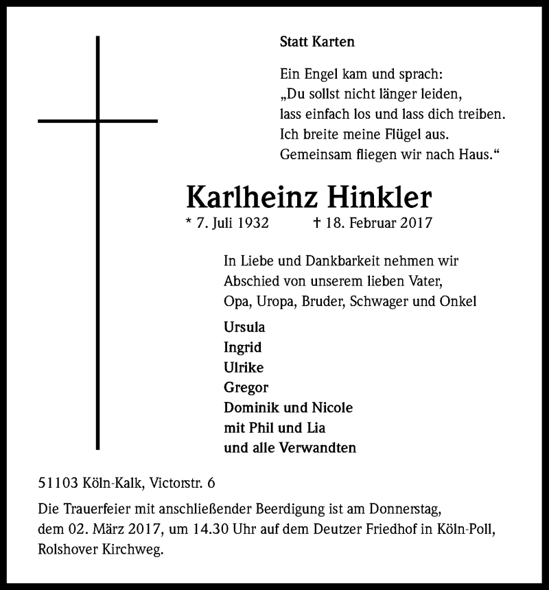  Traueranzeige für Karlheinz Hinkler vom 25.02.2017 aus Kölner Stadt-Anzeiger / Kölnische Rundschau / Express