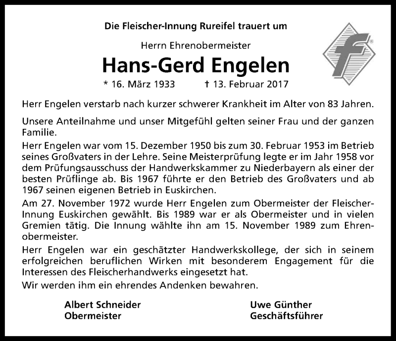  Traueranzeige für Hans-Gerd Engelen vom 27.02.2017 aus Kölner Stadt-Anzeiger / Kölnische Rundschau / Express