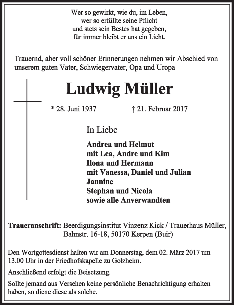  Traueranzeige für Ludwig Müller vom 25.02.2017 aus  Sonntags-Post 