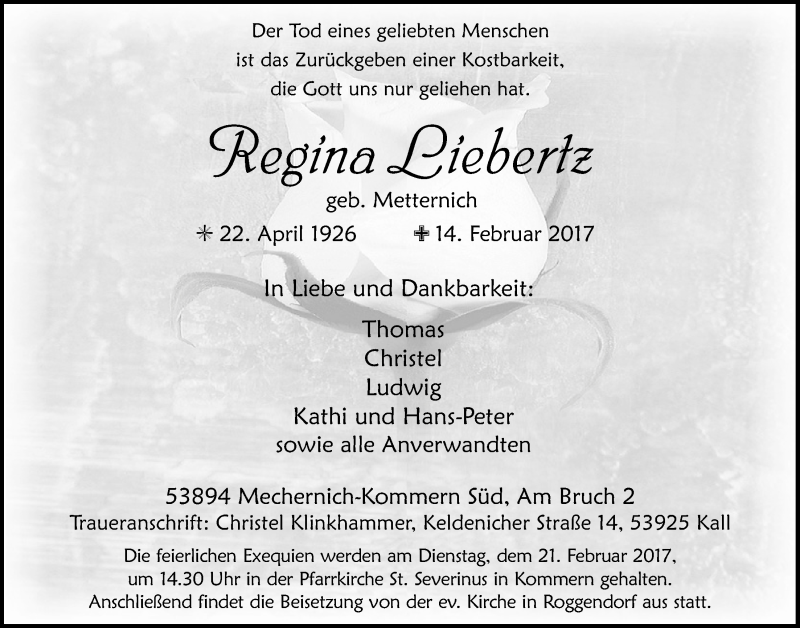  Traueranzeige für Regina Liebertz vom 18.02.2017 aus  Blickpunkt Euskirchen 